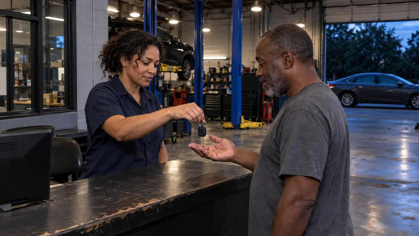 An advisor handing car keys to a customer at the counter
