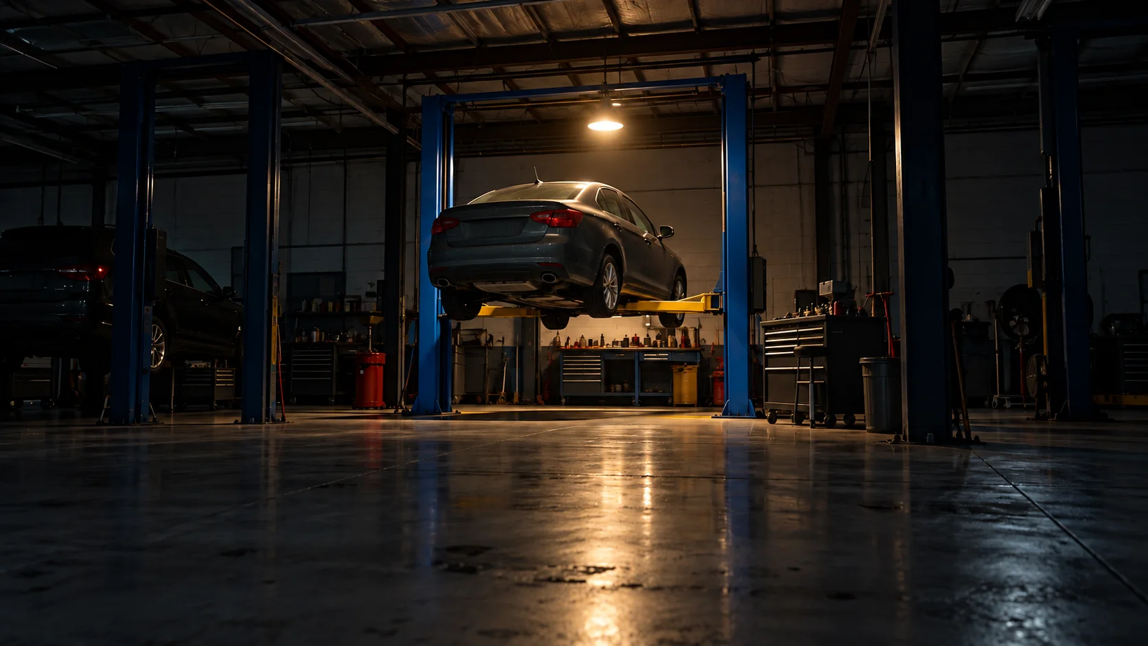 An empty repair shop after closing, one bay lit