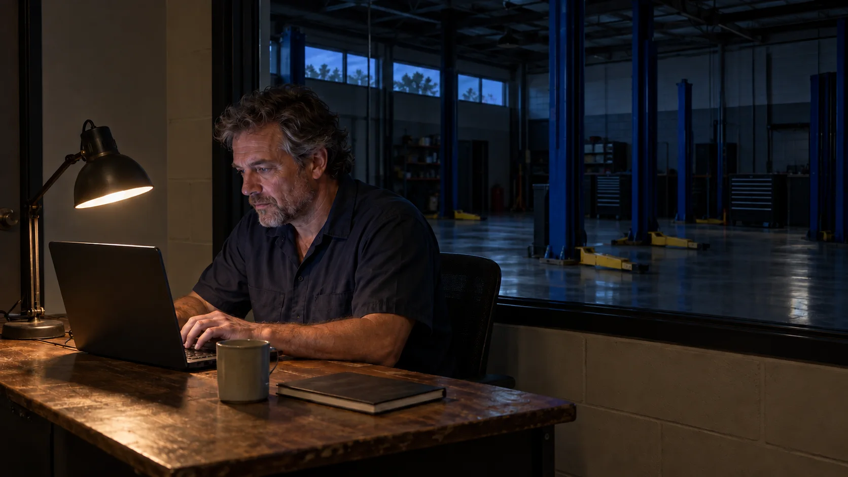 A shop owner working late at a desk beside the dark shop floor
