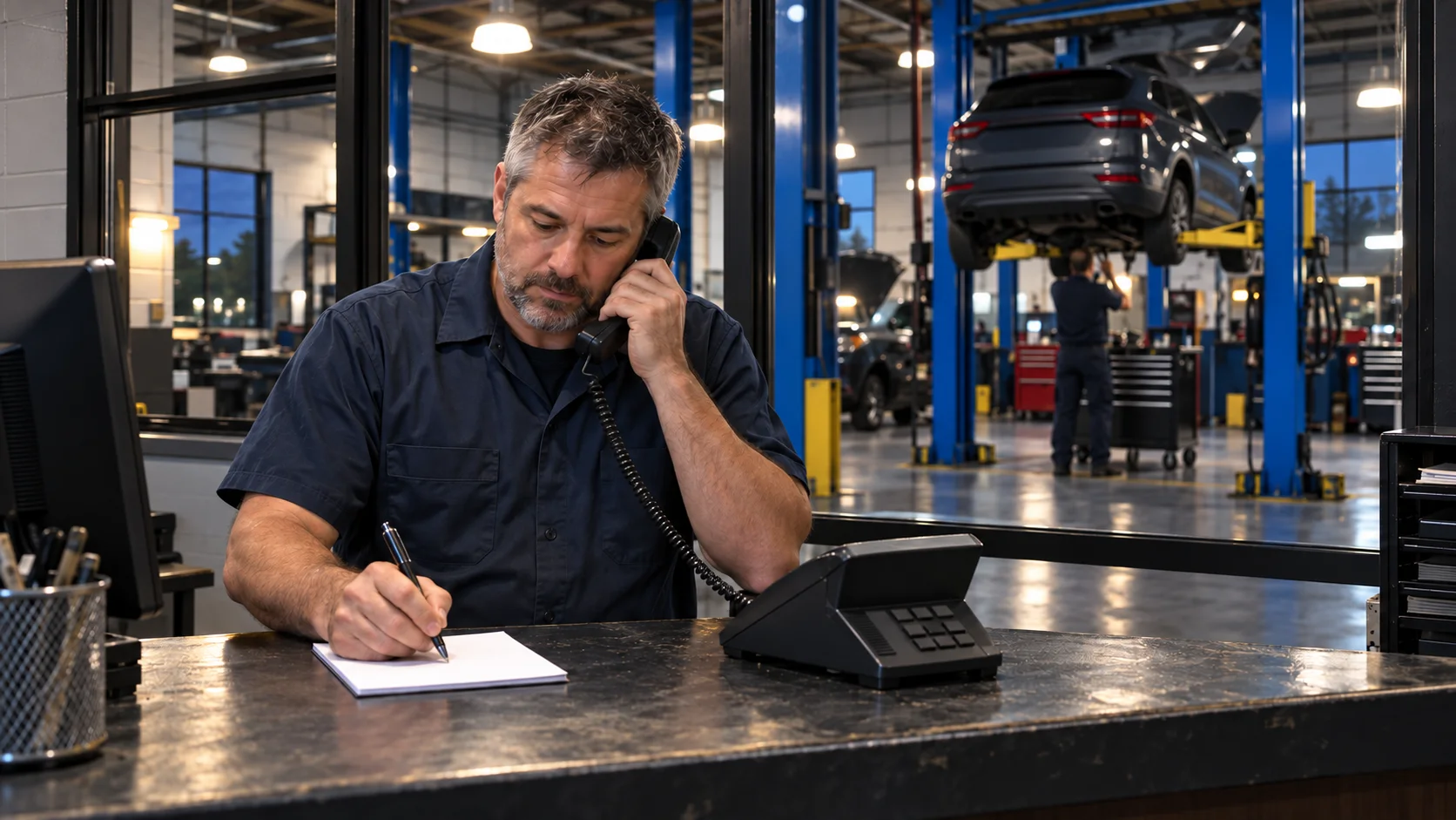 A new advisor taking a call at the counter