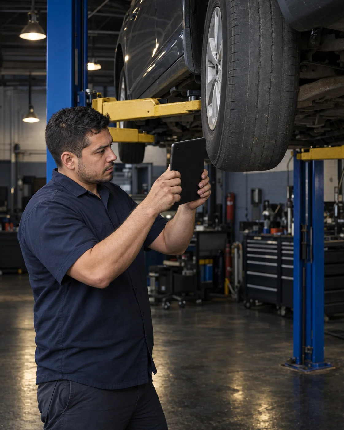 A technician photographing a tire with a tablet
