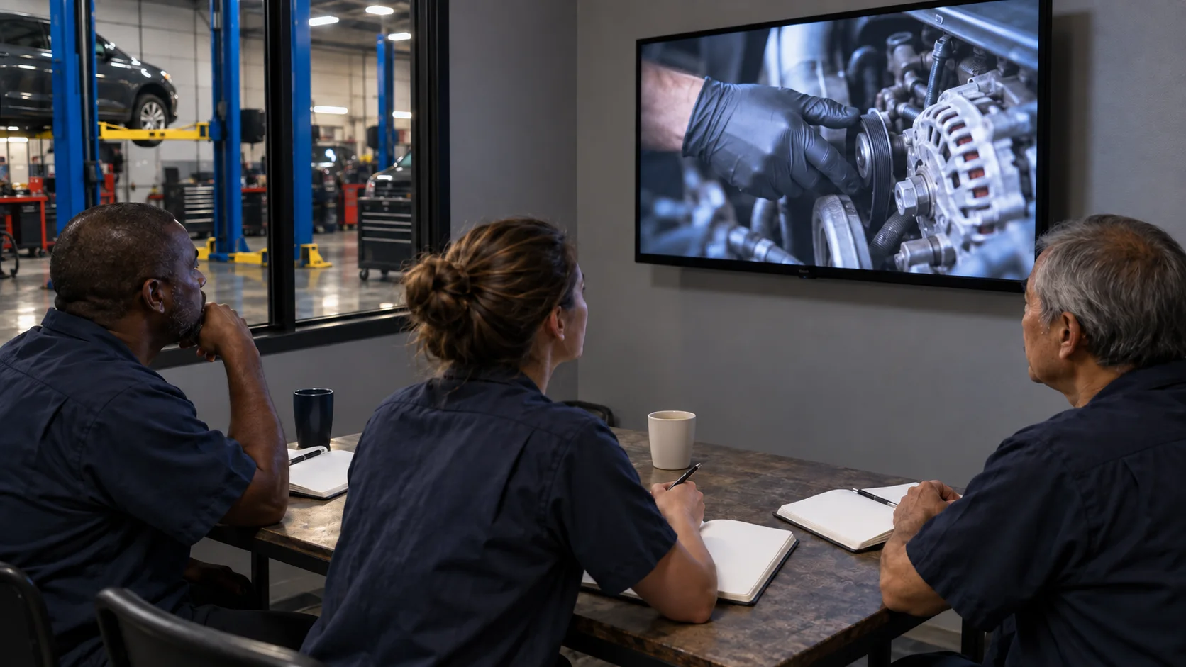 Three shop employees watching a training lesson in a break room next to the shop